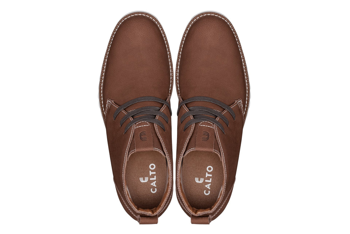 CALTO - J2193 - 2.6 Inches Taller (Brown/White Sole) - Nubuck Chukka Boots