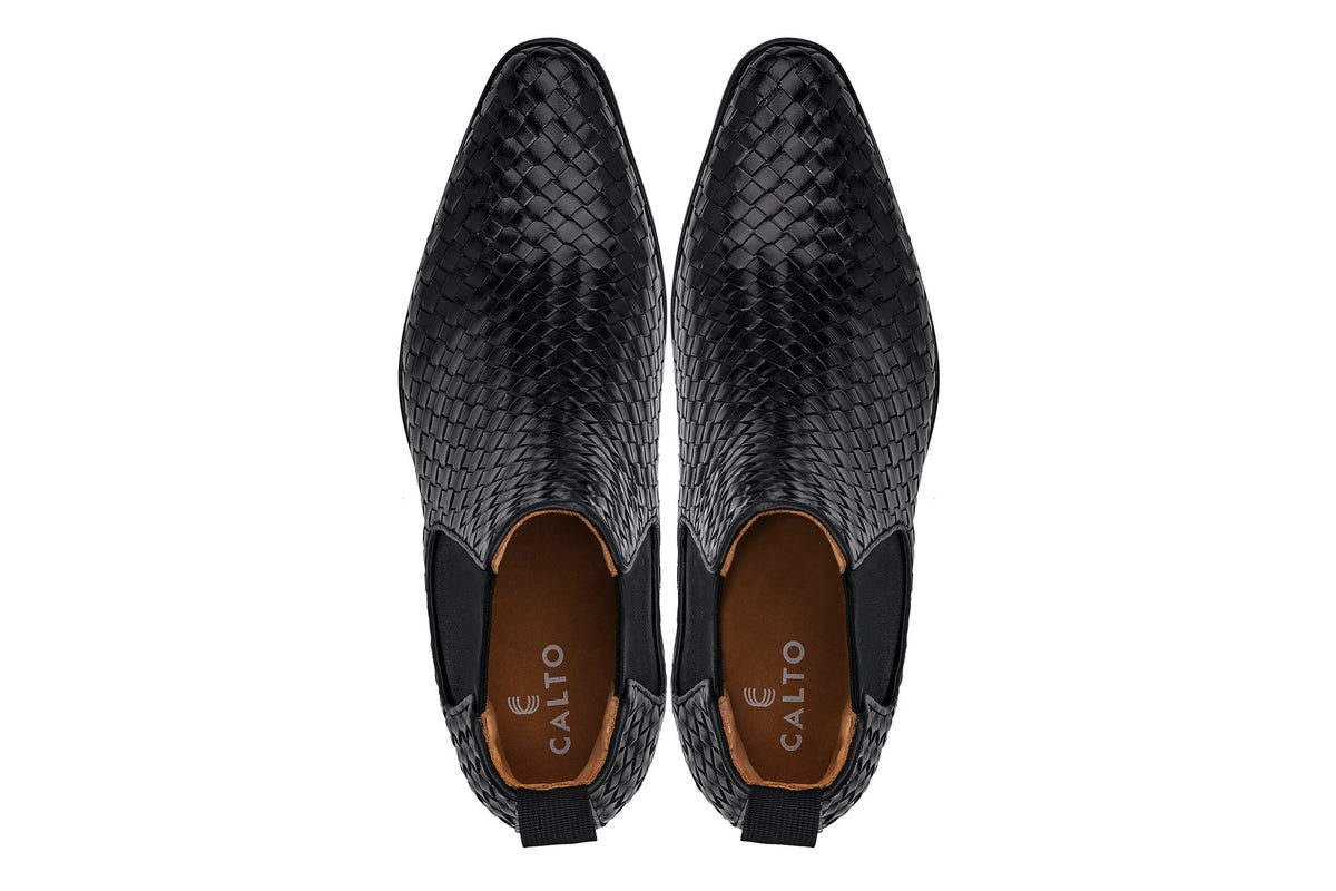 CALTO - K30521 - 3.3 Inches Taller (Black) - Woven Slip-On High-Top Chelsea Ankle Boots