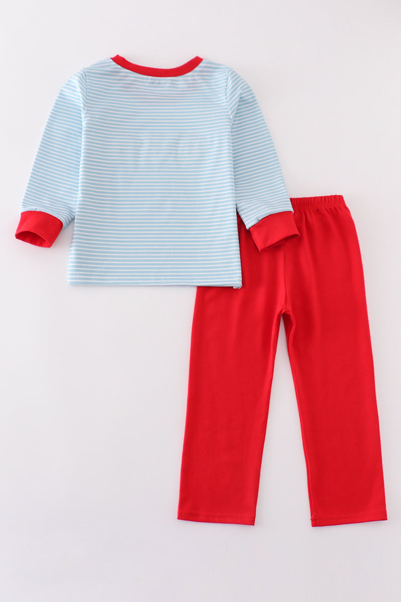 Blue Striped Santa Claus Embroidered Boy Set