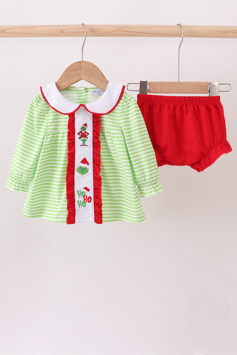 Green Christmas Grinch Embroidery Girl Bloomers Set