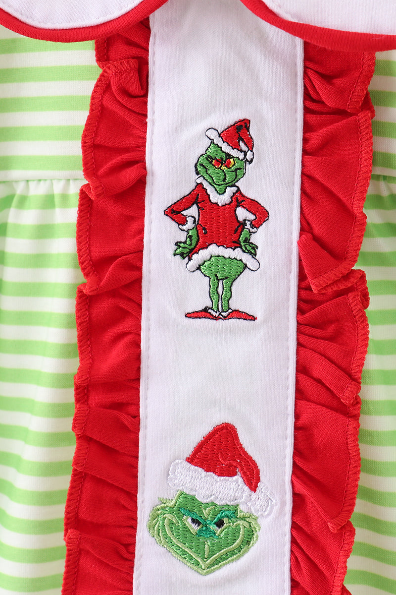 Green Christmas Grinch Embroidery Girl Bloomers Set