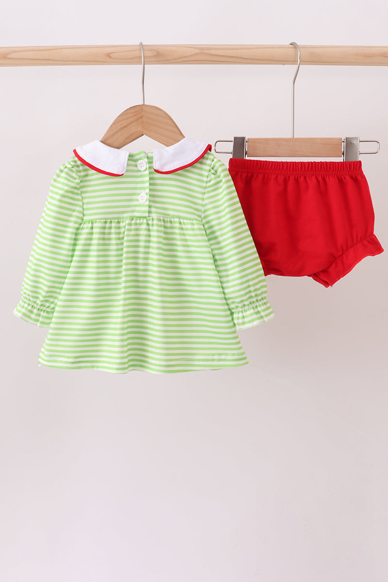 Green Christmas Grinch Embroidery Girl Bloomers Set