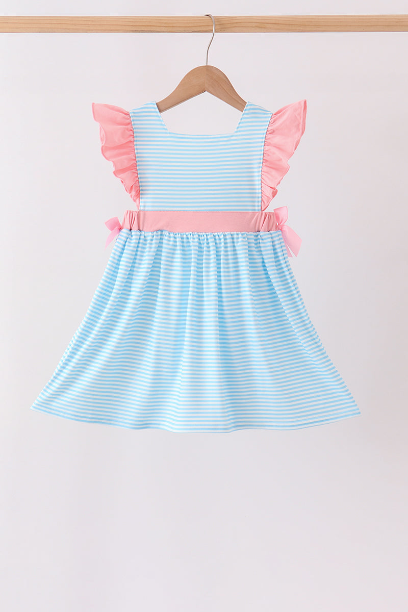 Blue Striped Princess Embroidery Ruffle Dress