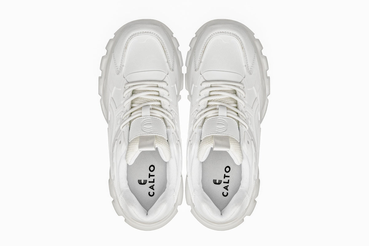 CALTO - S5285 - 2.6 Inches Taller (White/Translucent White Sole) - Chunky Sole Sporty Sneakers
