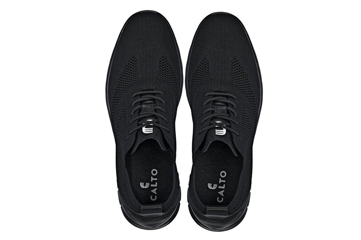 CALTO - X2211 - 2.4 Inches Taller (Black/Black Sole) - Lace Up Casual Walker - Lightweight
