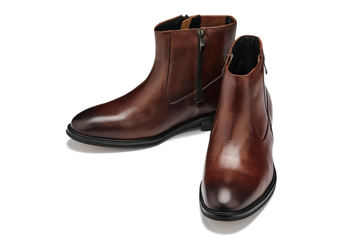 CALTO Y70622 Lightweight Zipper Boots – 2.8 Inch Height Increase (Coffee Brown)