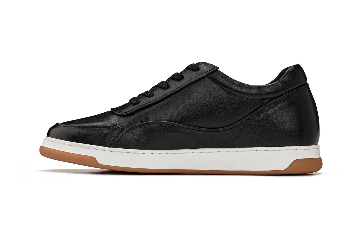 CALTO Y7885 2.6-Inch Taller Elevated Leather Sneakers (Black/White with Gum Sole)