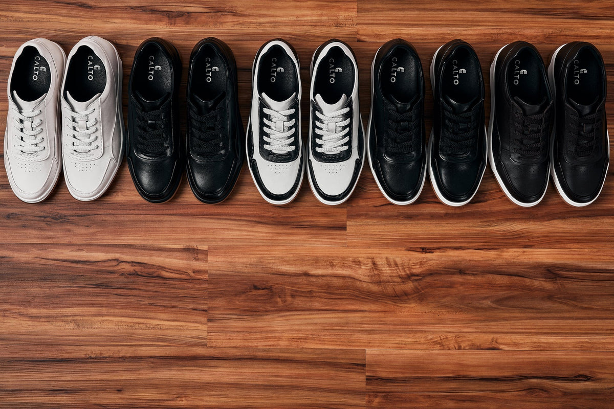 CALTO - Y7887 - 2.6 Inches Taller (Deep Espresso/White & Gum Sole) - Elevated Leather Sneakers