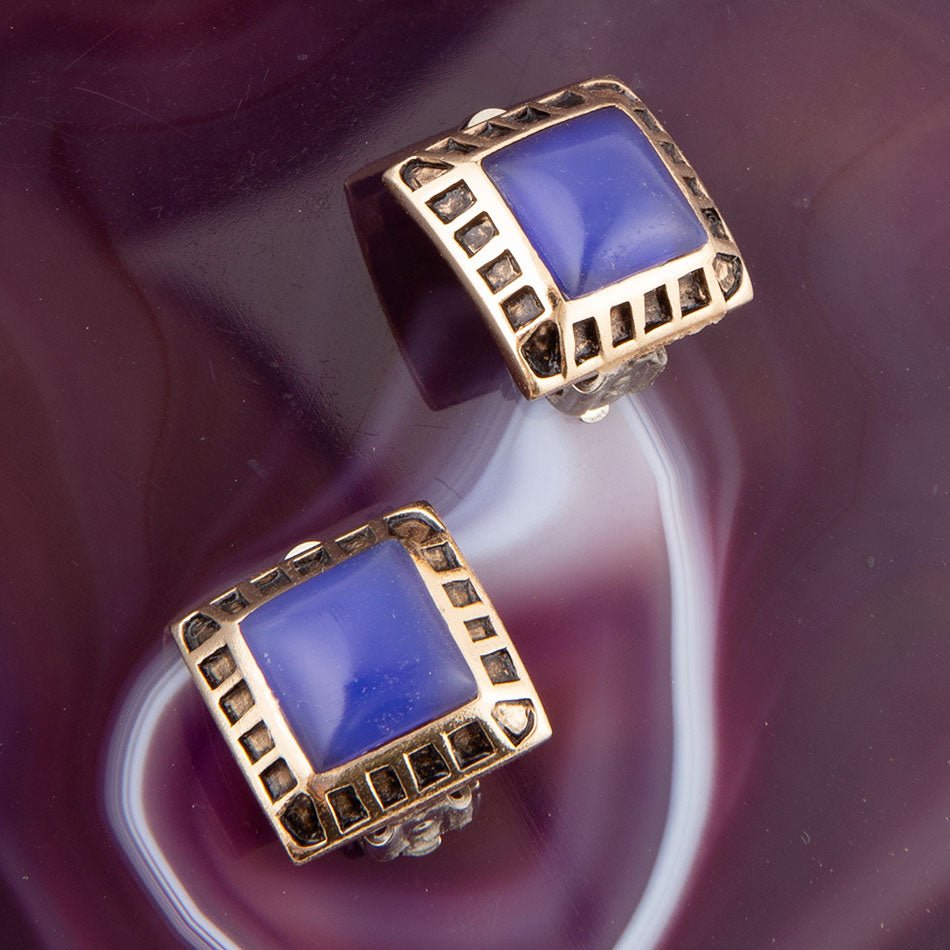 Blue Agate Golden Bronze Clip-On Earrings