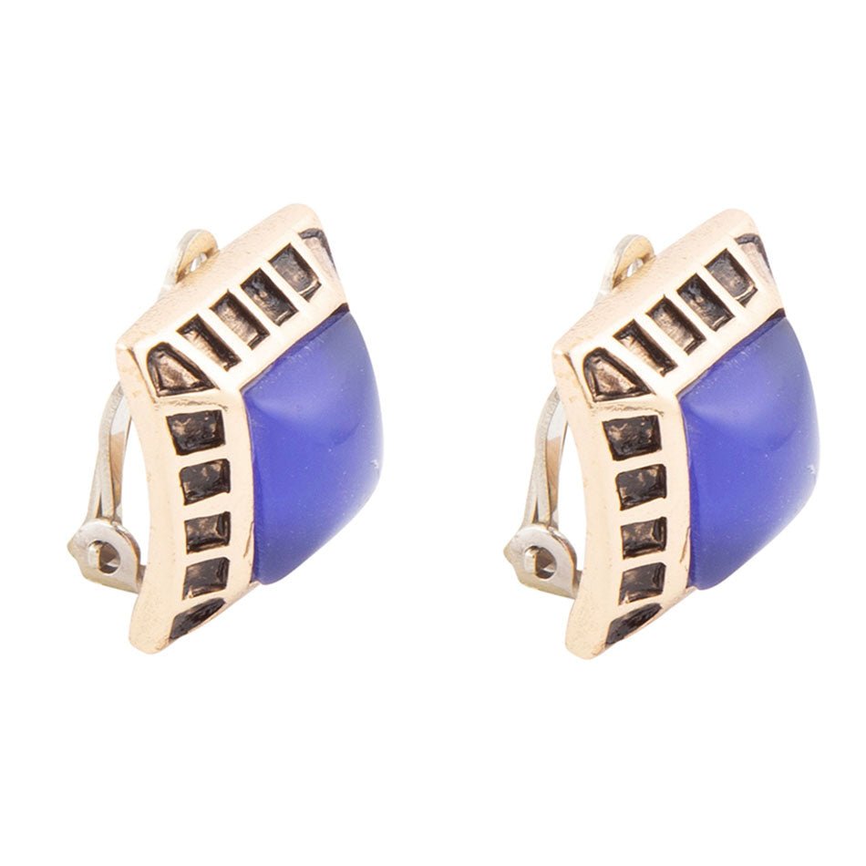 Blue Agate Golden Bronze Clip-On Earrings