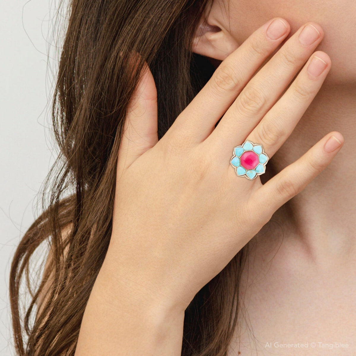 Blue Turquoise and Red Quartz Flower Golden Ring