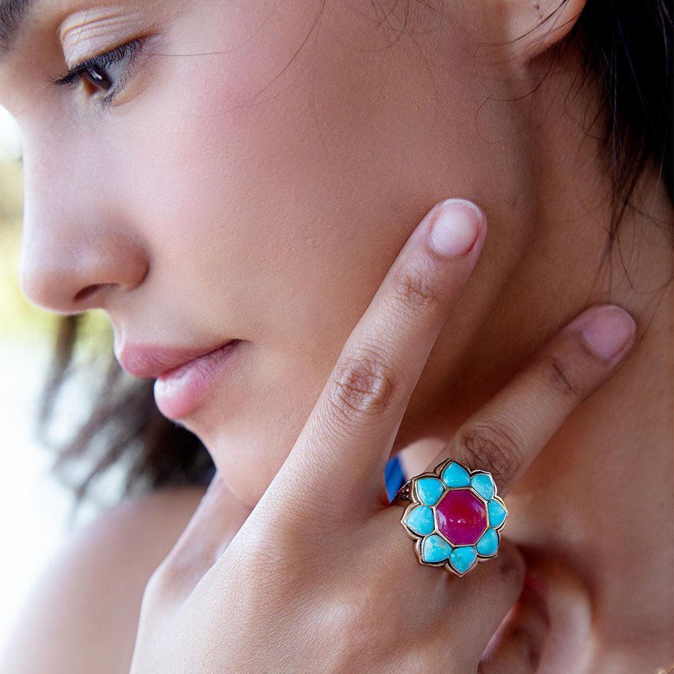 Blue Turquoise and Red Quartz Flower Golden Ring