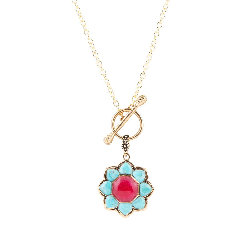 Blue Turquoise and Red Quartz Flower Pendant Necklace on a Golden Bronze Chain