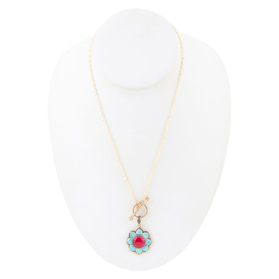 Blue Turquoise and Red Quartz Flower Pendant Necklace on a Golden Bronze Chain