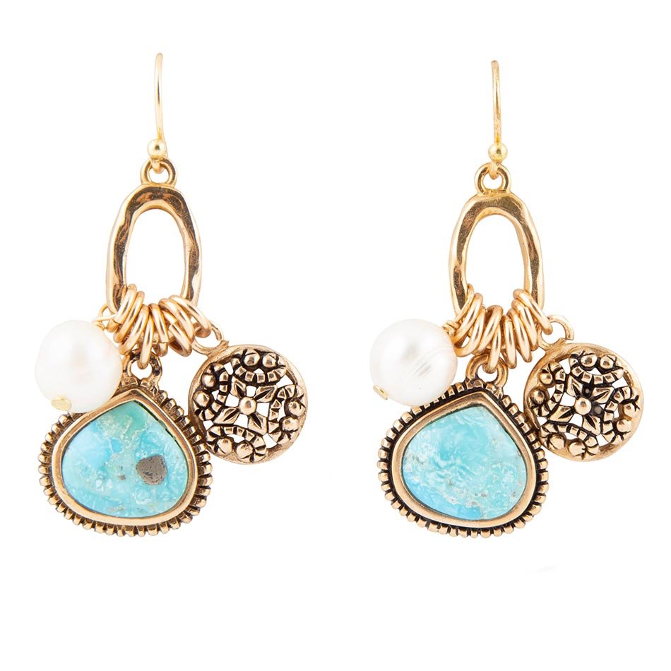 Blue Turquoise and White Pearl Multi-Charm Golden Bronze Earrings