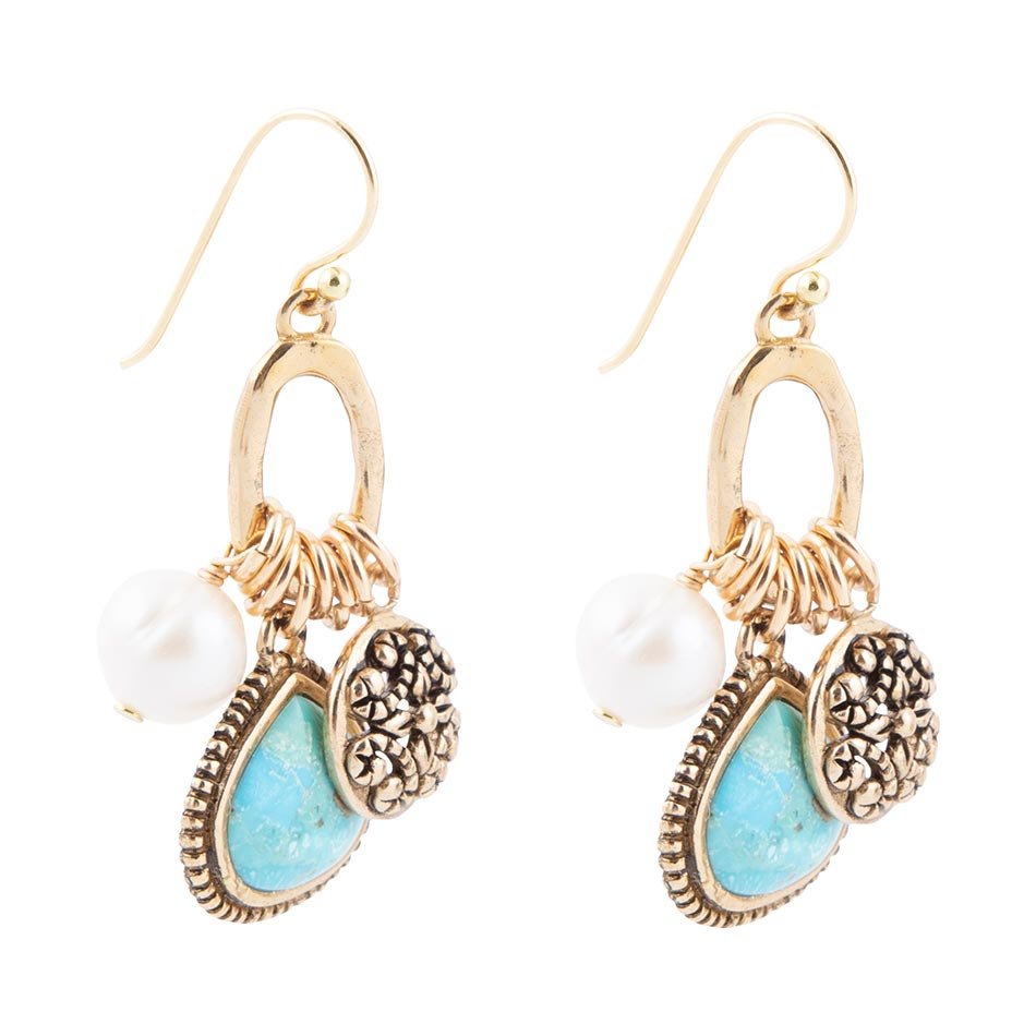 Blue Turquoise and White Pearl Multi-Charm Golden Bronze Earrings