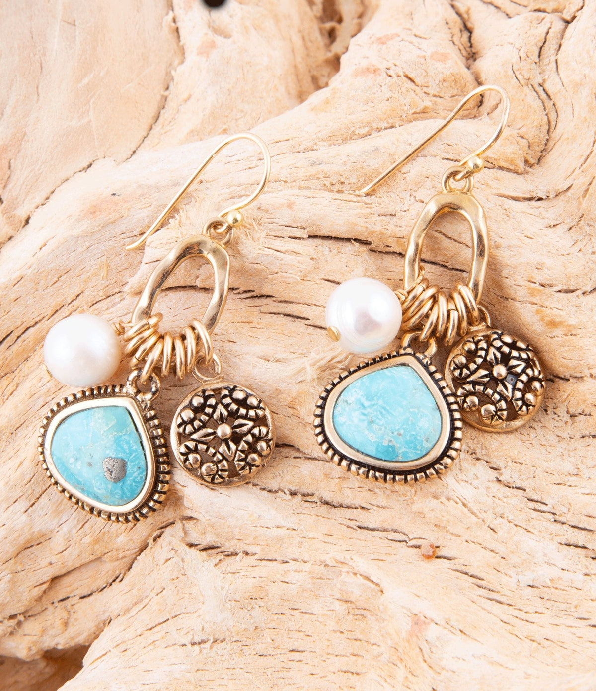 Blue Turquoise and White Pearl Multi-Charm Golden Bronze Earrings