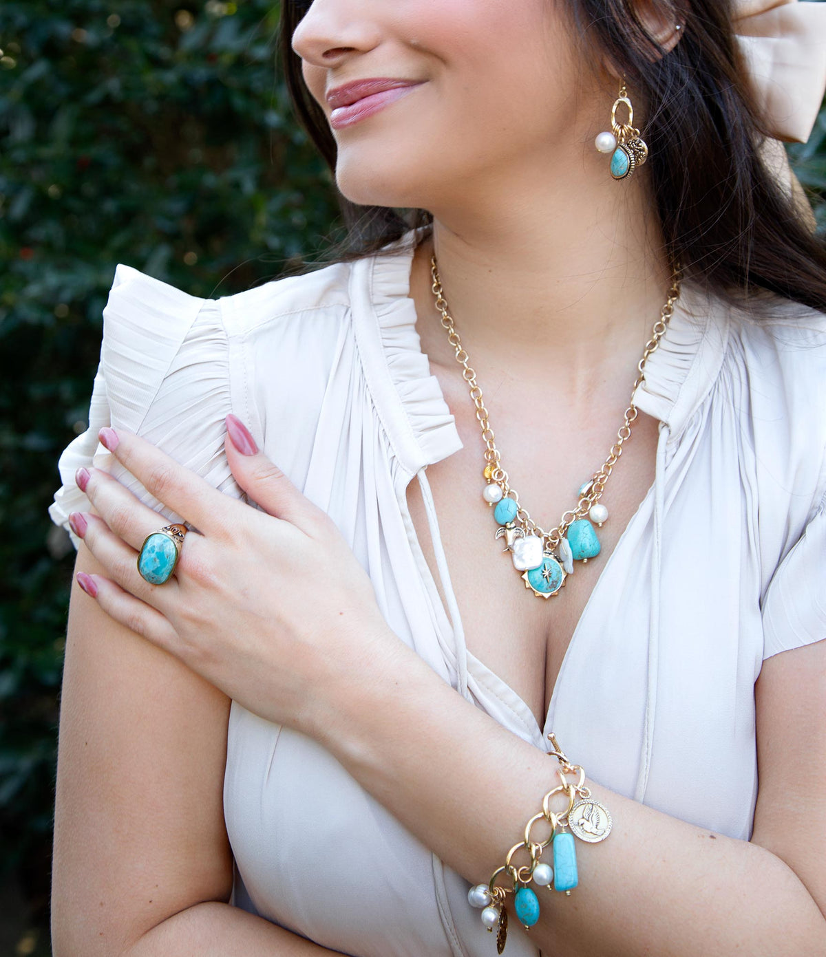 Blue Turquoise and White Pearl Multi-Charm Golden Necklace