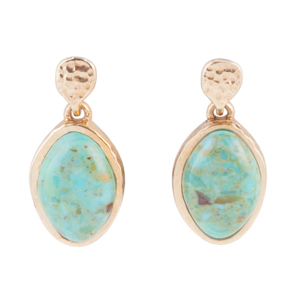 Blue Turquoise Oval Golden Bronze Drop Earrings