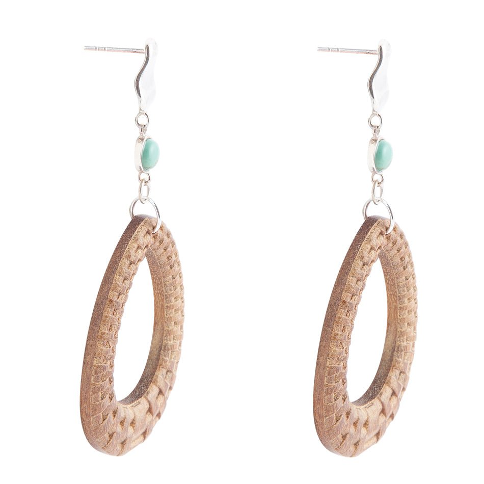 Blue Turquoise Top Carved Wood Sterling Silver Earrings
