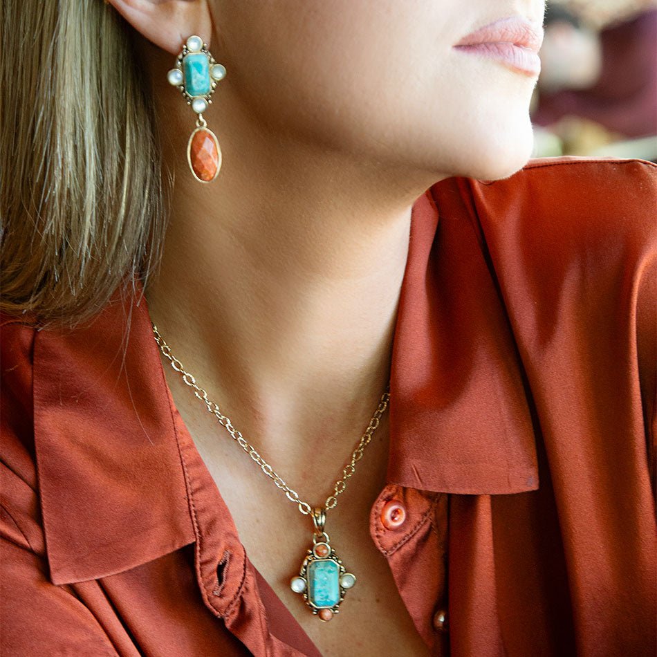 Champs Blue Turquoise, White Pearl, and Orange Coral Golden Pendant Necklace