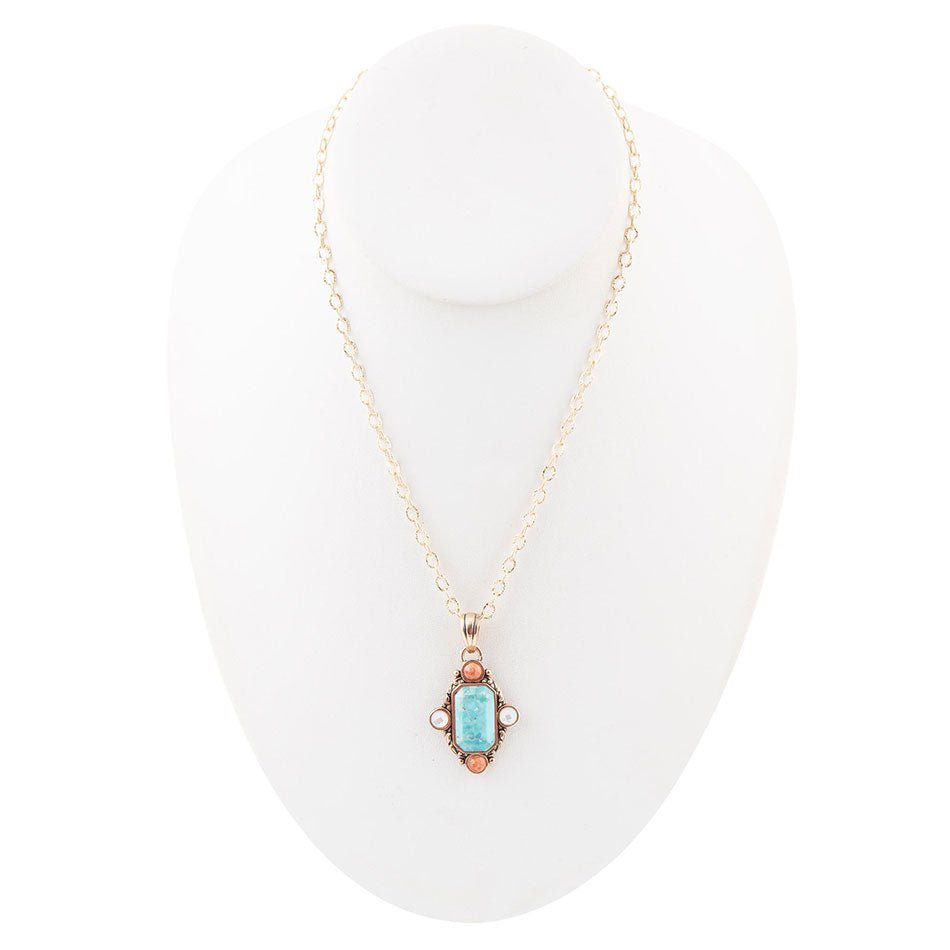 Champs Blue Turquoise, White Pearl, and Orange Coral Golden Pendant Necklace