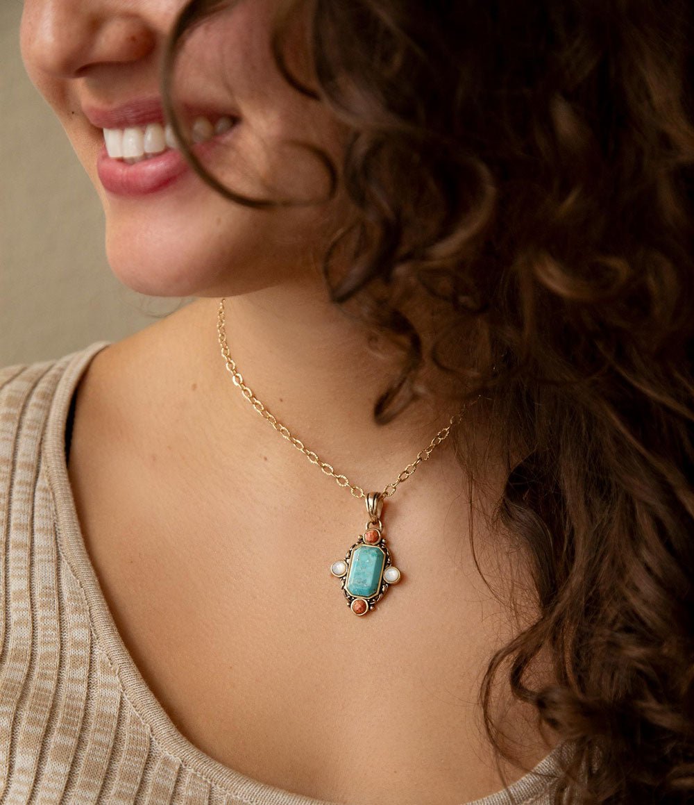 Champs Blue Turquoise, White Pearl, and Orange Coral Golden Pendant Necklace
