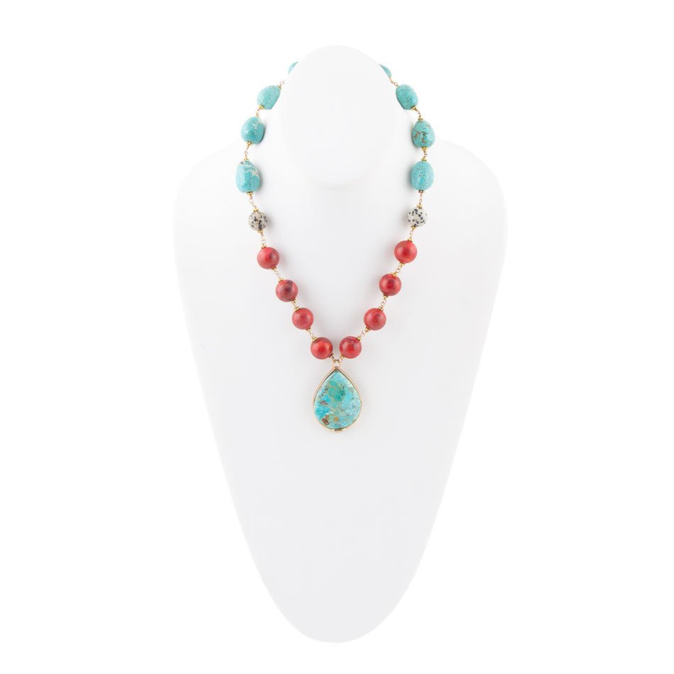 Blue and Red Turquoise Teardrop Golden Necklace