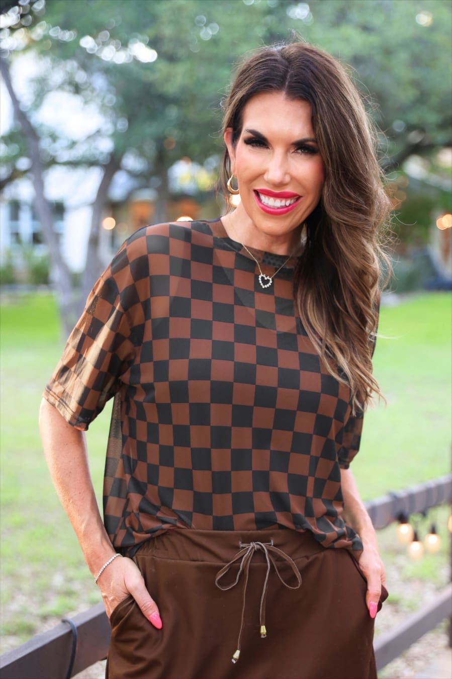 Emma Mesh Tee - Black and Chocolate Checkered