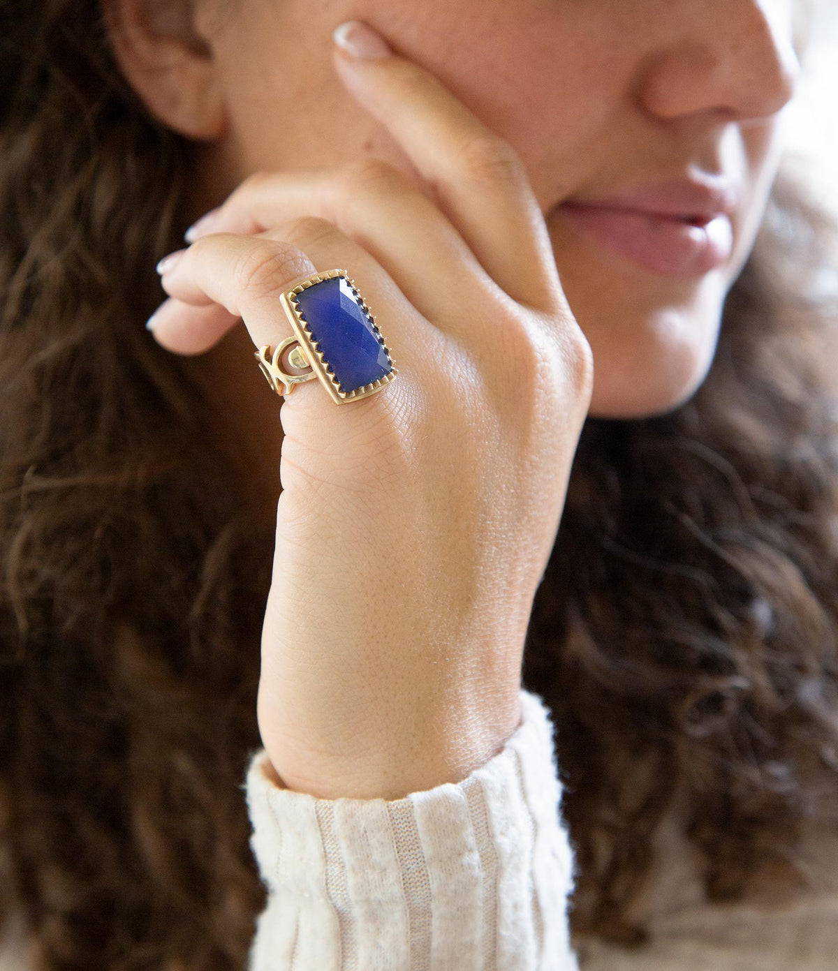 Filigreed Blue Agate Golden Bronze Statement Ring
