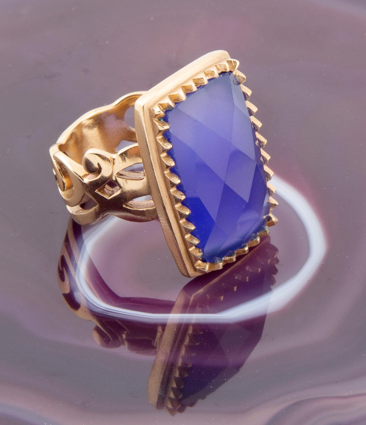 Filigreed Blue Agate Golden Bronze Statement Ring