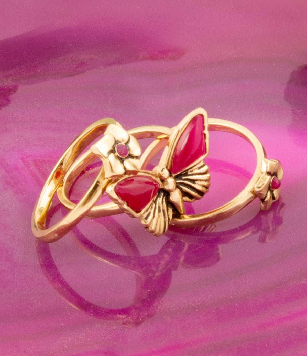 Pink Fuchsia Agate Golden Butterfly Triple Ring Set