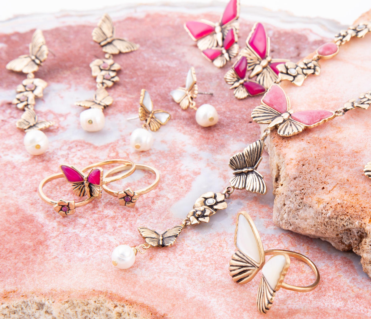 Pink Fuchsia Agate Golden Butterfly Triple Ring Set