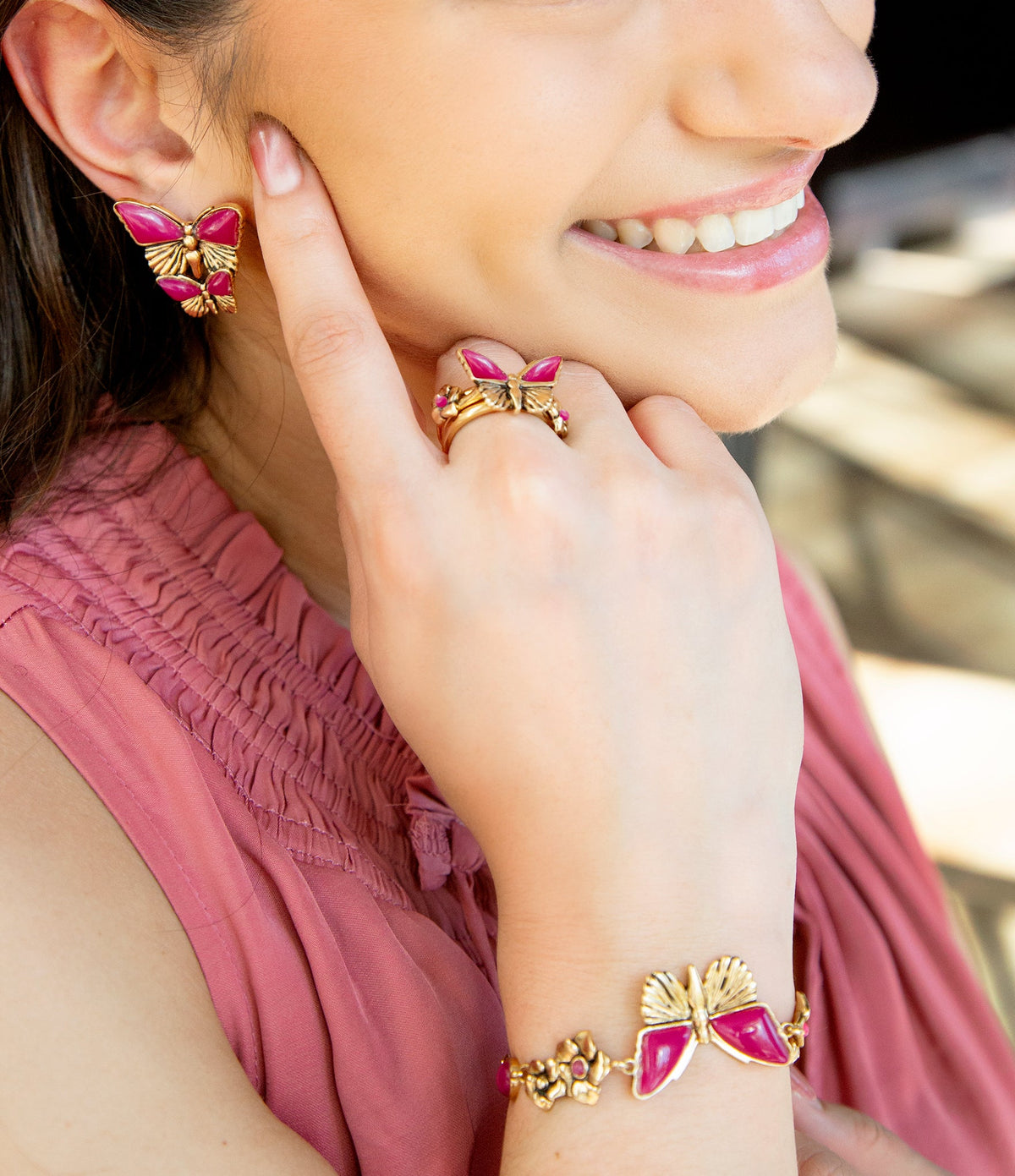 Pink Fuchsia Agate Golden Butterfly Triple Ring Set