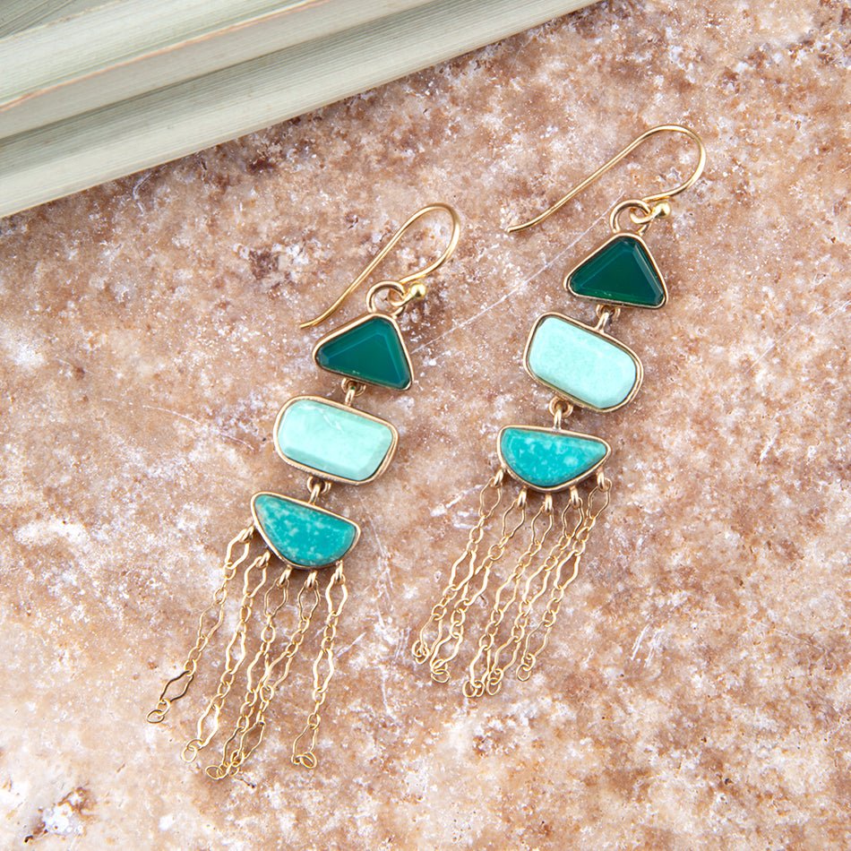 Green Multi-Stone Golden Drop Earrings