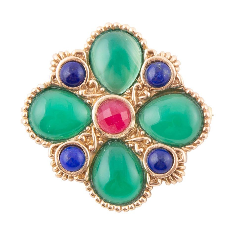 Green Onyx Mixed Stone Golden Brooch