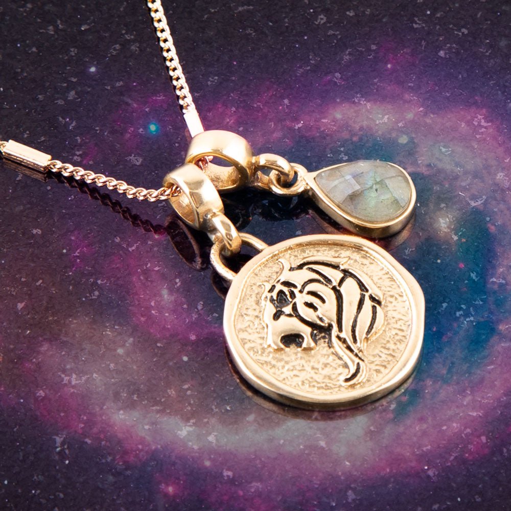 Leo Zodiac Gray Labradorite Golden Charm Necklace