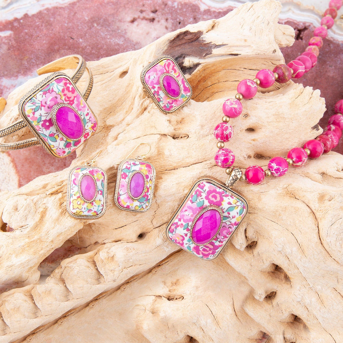 Pink Agate Stacked Stone Floral Pendant Necklace