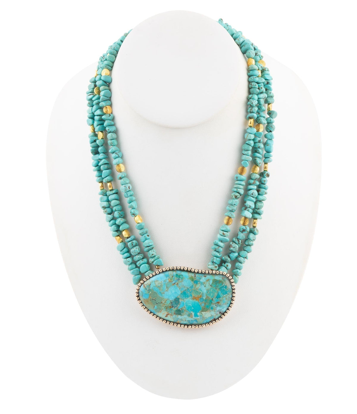 Refined Blue Turquoise and Golden Bronze Statement Necklace