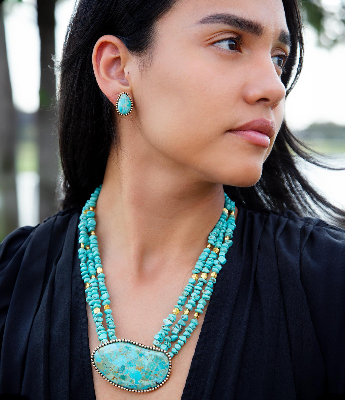 Refined Blue Turquoise and Golden Bronze Statement Necklace