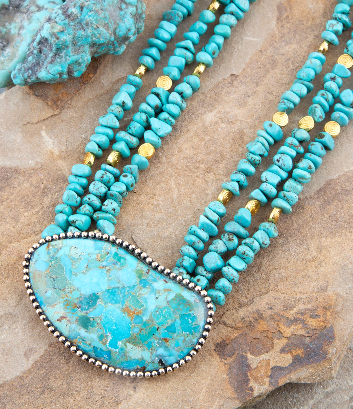 Refined Blue Turquoise and Golden Bronze Statement Necklace