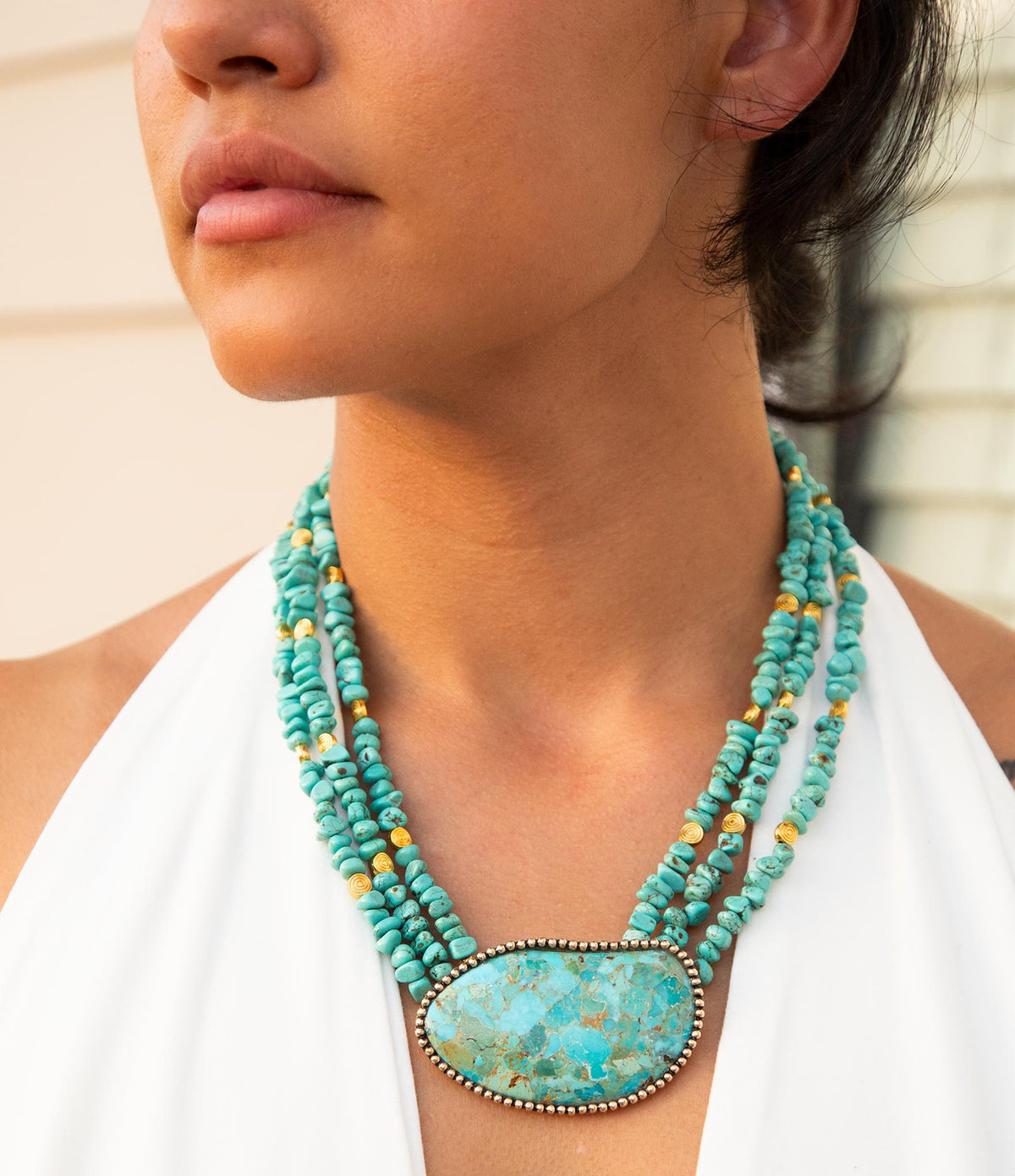 Refined Blue Turquoise and Golden Bronze Statement Necklace