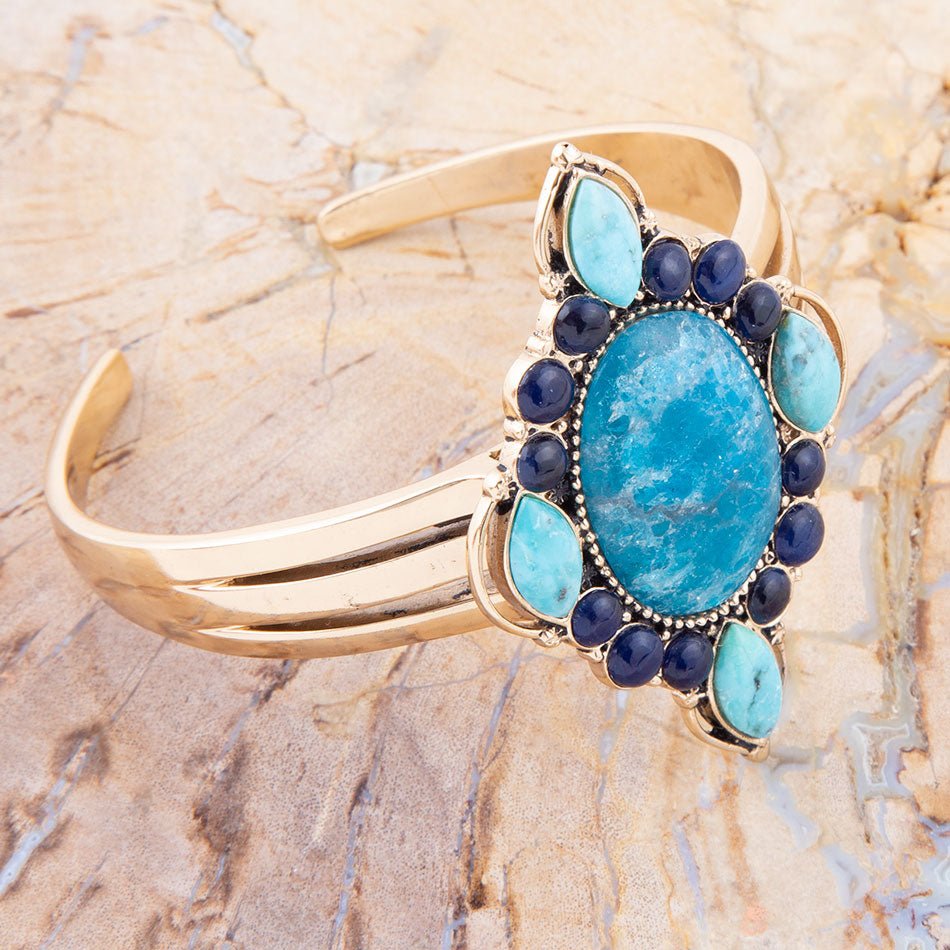 Regal Blue Apatite Mixed Stone Golden Bronze Cuff Bracelets
