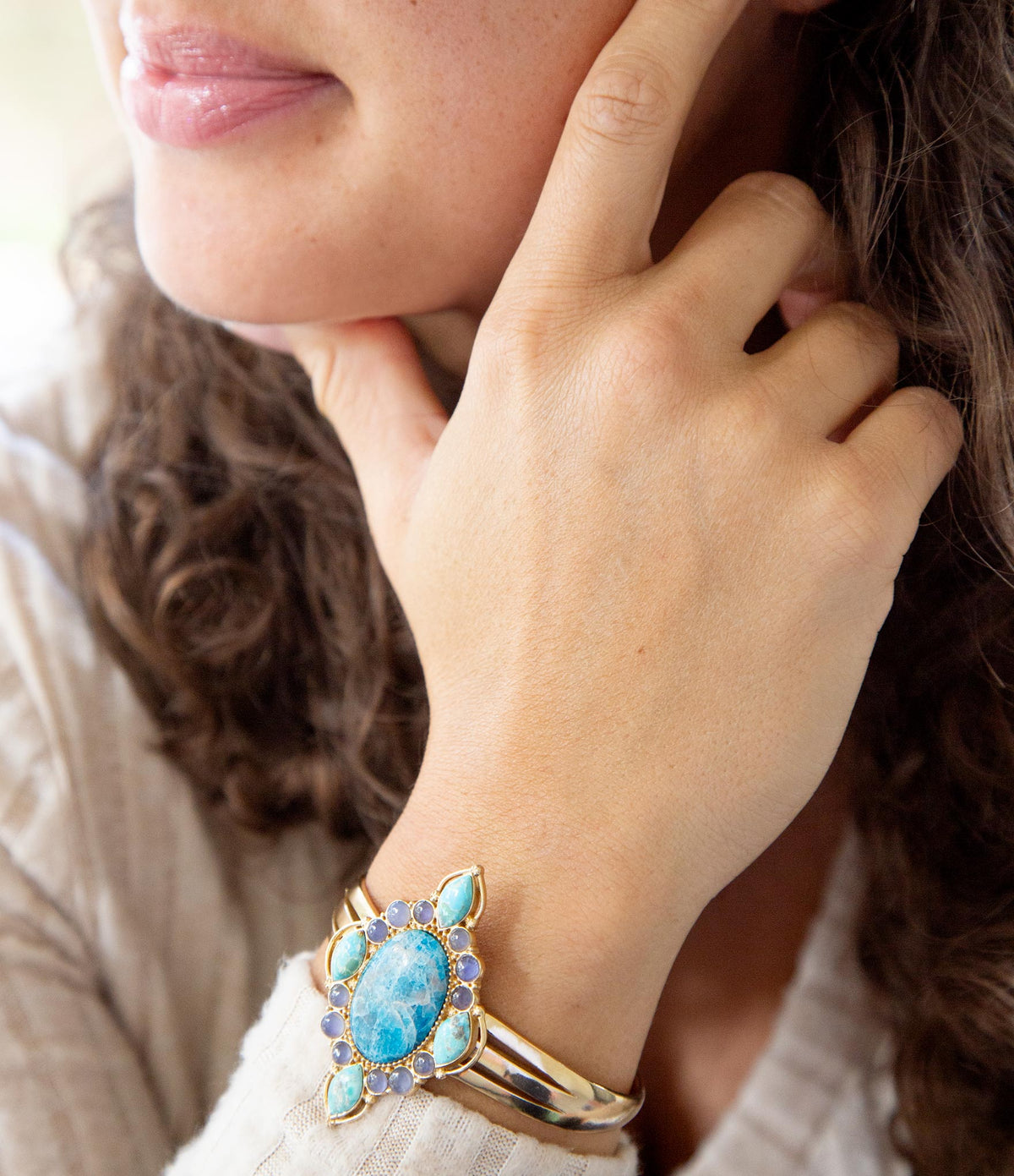 Regal Blue Apatite Mixed Stone Golden Bronze Cuff Bracelets