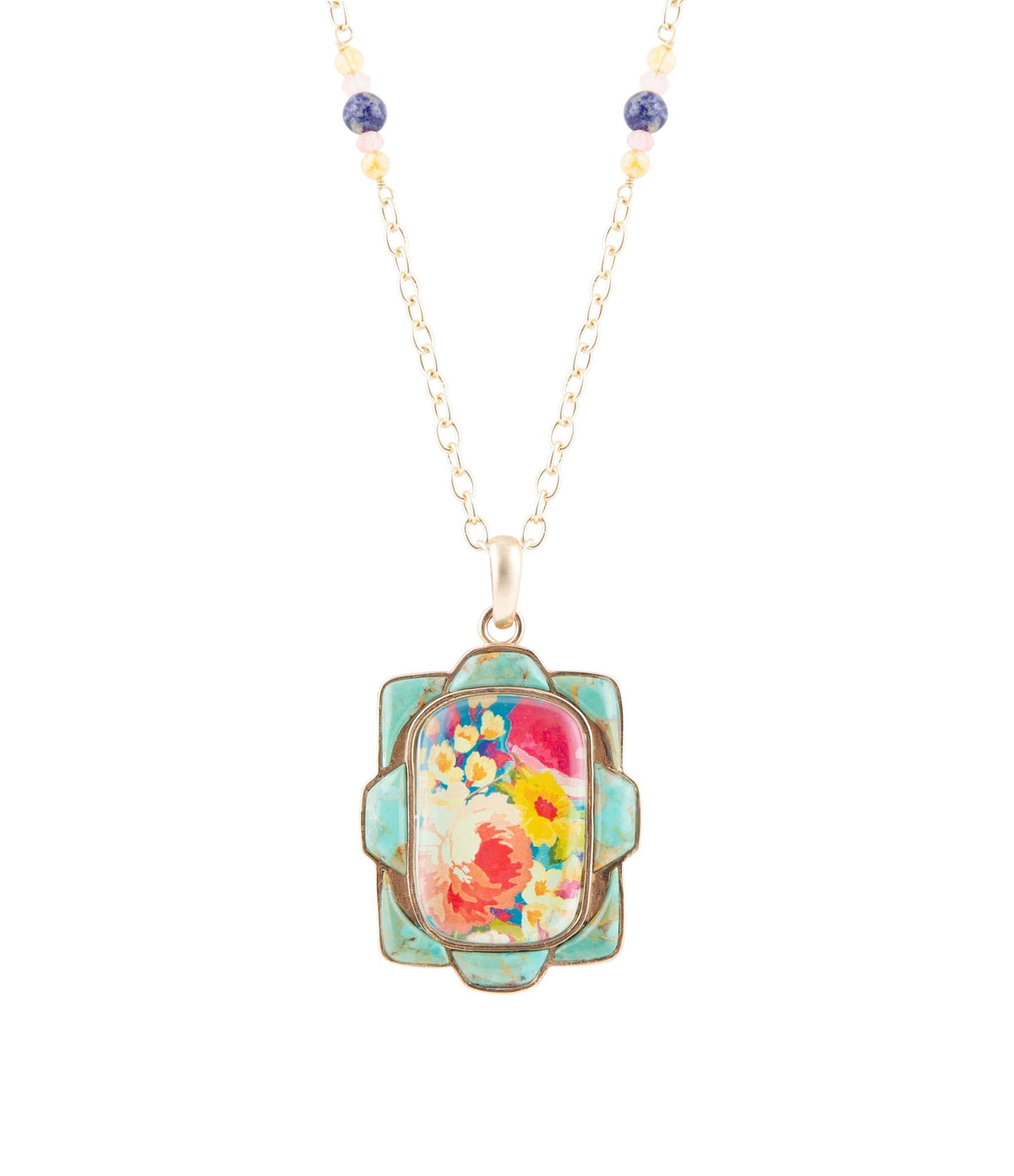Scenic Floral and Blue Turquoise Golden Pendant Necklace