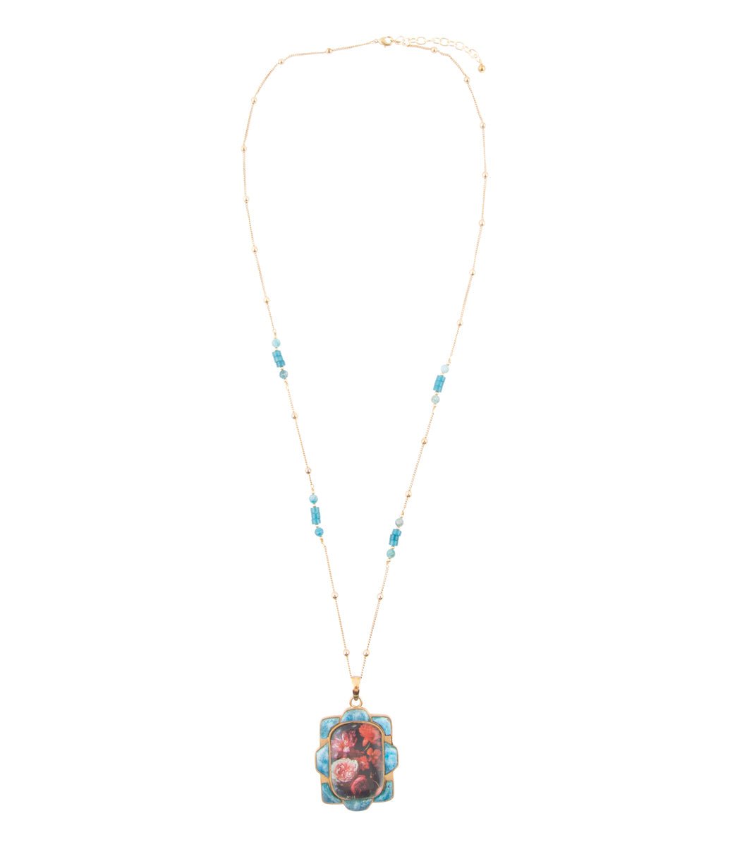 Scenic Red Floral Blue Apatite Golden Pendant Necklace