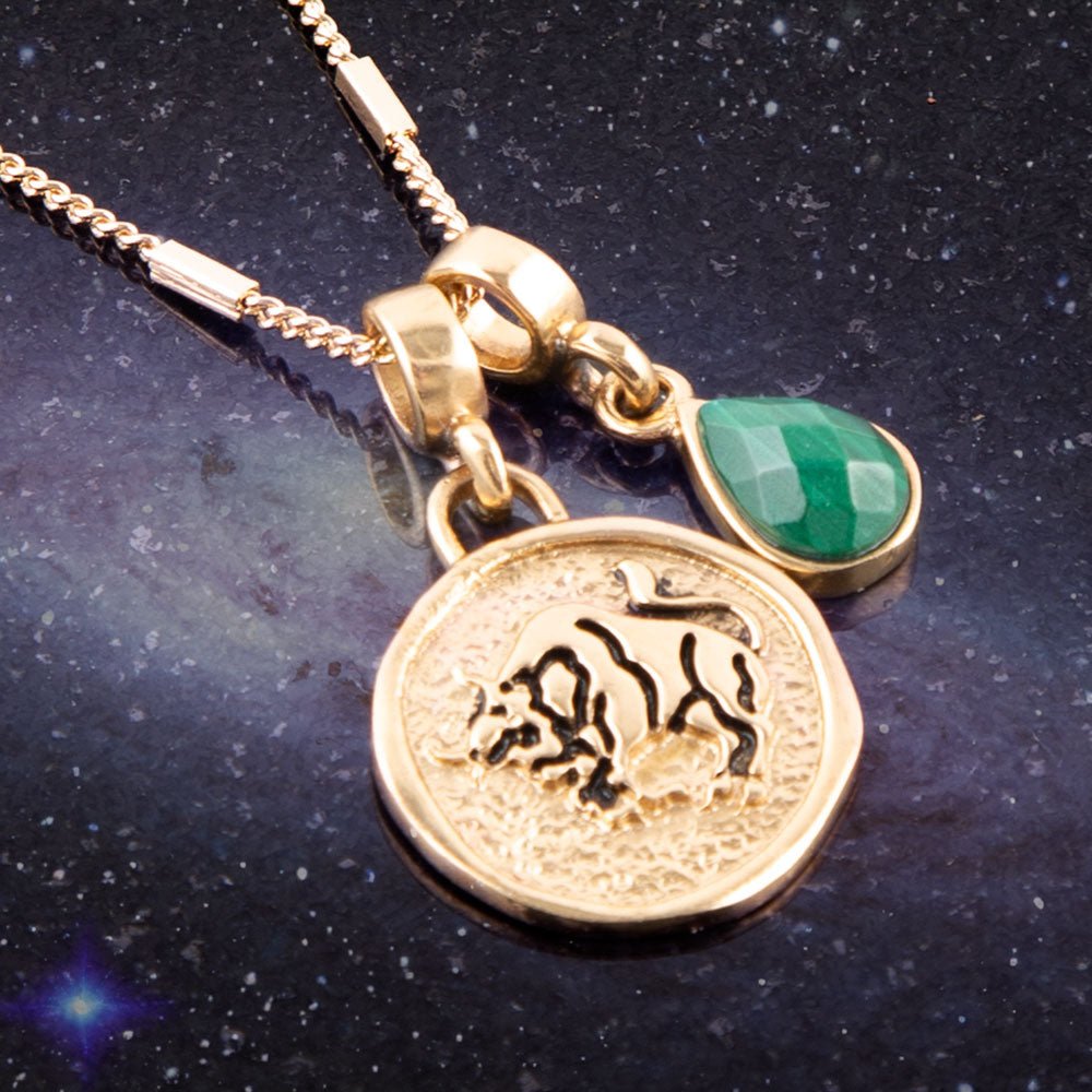 Taurus Zodiac Green Malachite Golden Charm Necklace
