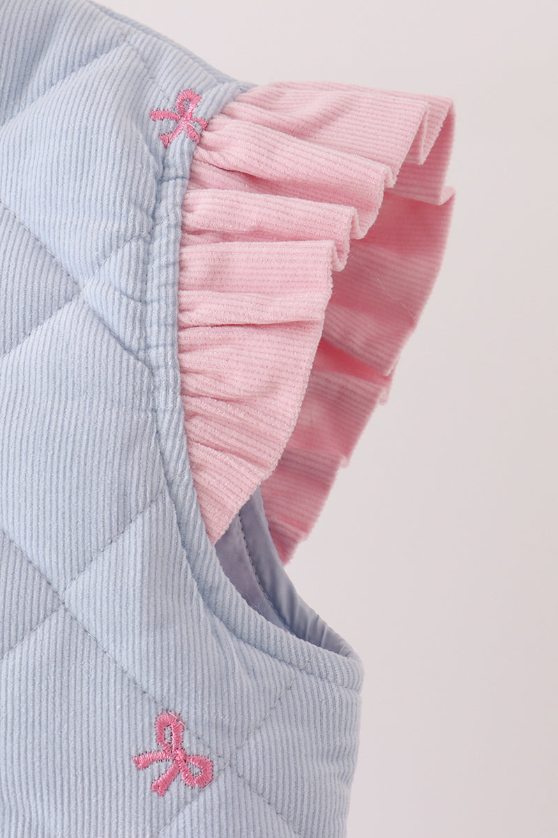 Blue Corduroy Bow Embroidery Ruffle Vest