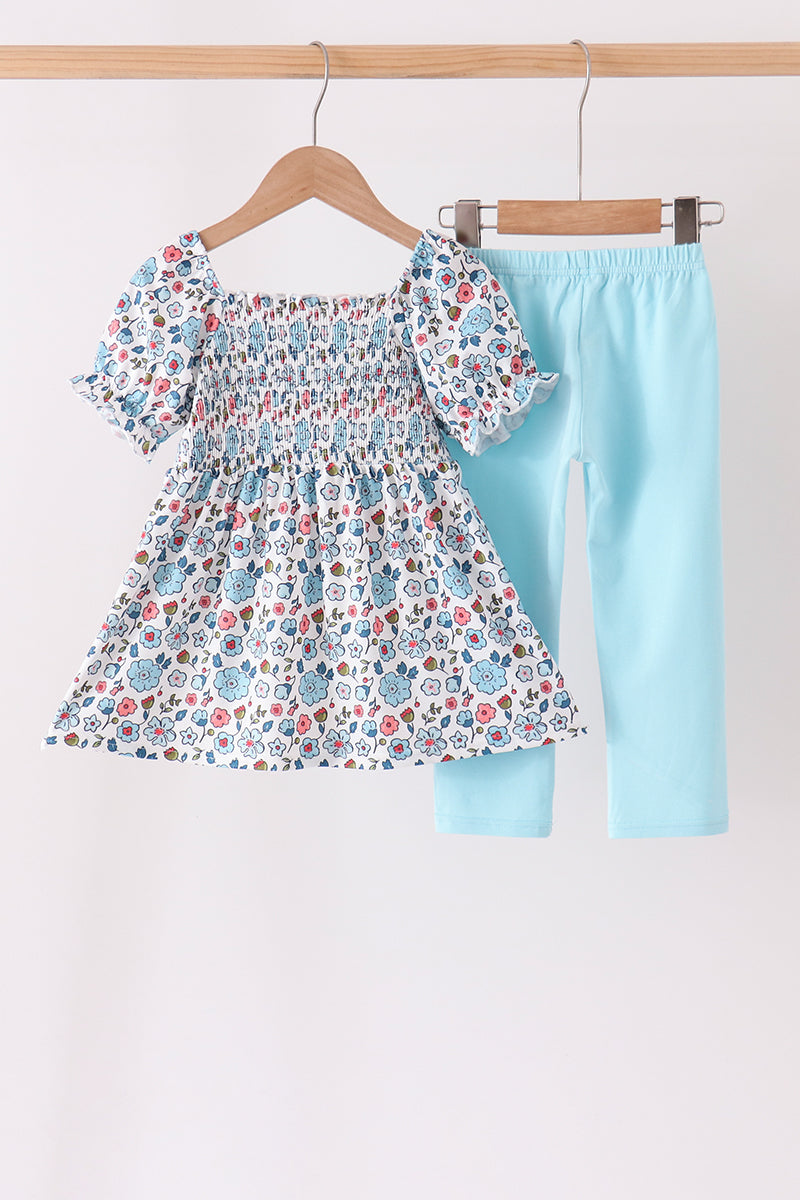 Blue Floral Smocked Ruffle Pants Set