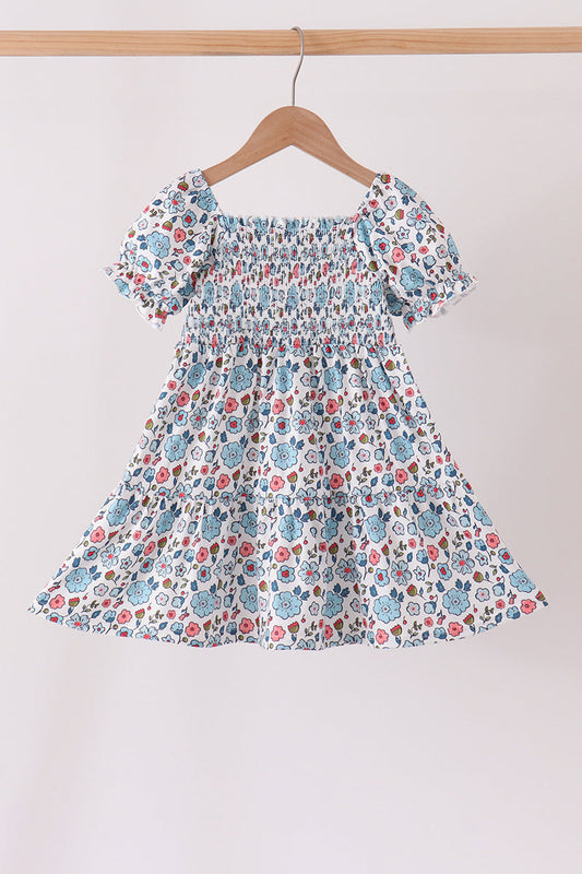 Blue Floral Smocked Ruffle Dress